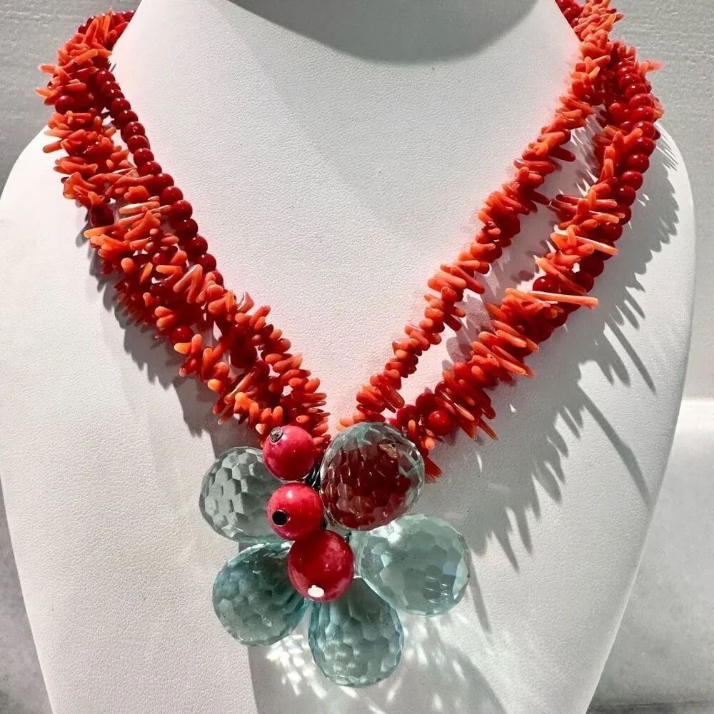 Womens Red Coral & Blue Topaz Flower Multi Strand Statement Necklace Jewelry